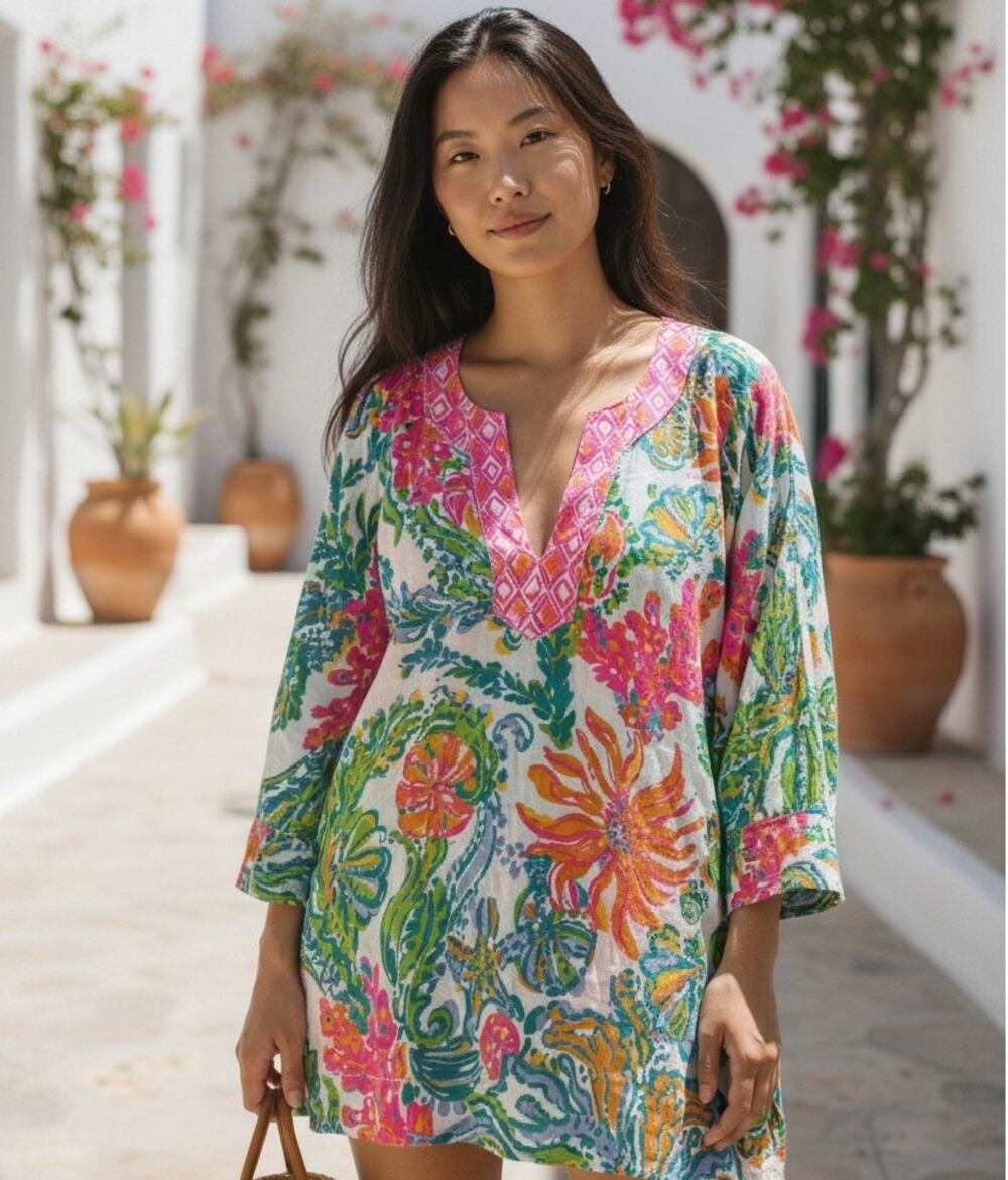 Lilly Pulitzer Tunic Top Women's XS Multicolor Amelia Island 3/4 Sleeve Tropical